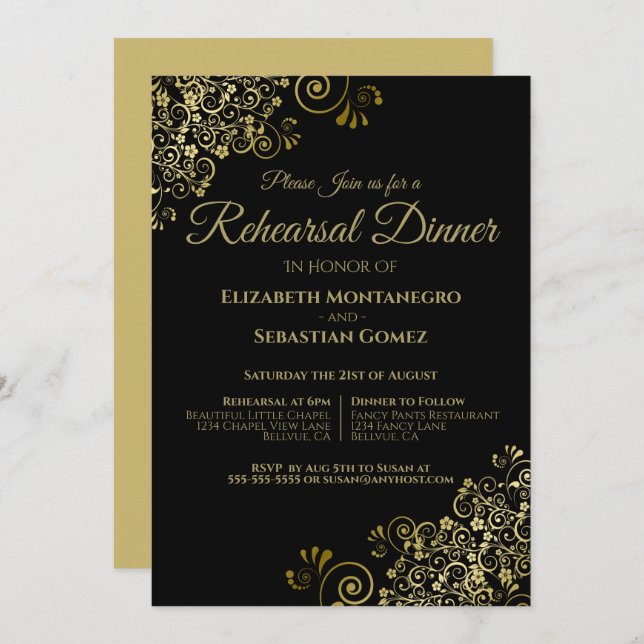 Invitación Filigree dorado en ensayo y cena de Boda negro (Anverso / Reverso)