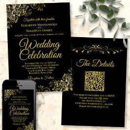 Invitación Filigree dorado en negro elegante Boda de código Q