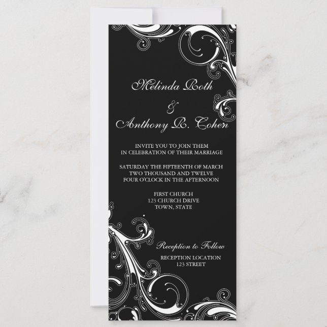 Invitación Filigree Swirl Negro con blanco 4 x 9.25 Boda (Anverso)
