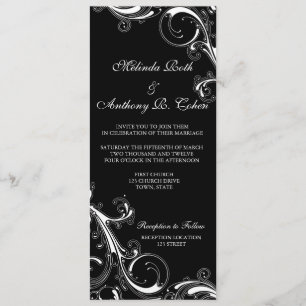 Invitación Filigree Swirl Negro con blanco 4 x 9.25 Boda