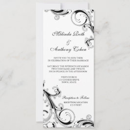Invitación Filigree Swirl Negro con blanco 4 x 9.25 Boda
