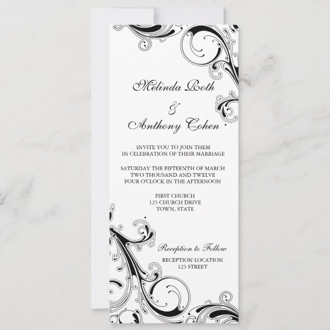 Invitación Filigree Swirl Negro con blanco 4 x 9.25 Boda (Anverso)