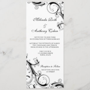 Invitación Filigree Swirl Negro con blanco 4 x 9.25 Boda
