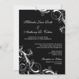Invitación Filigree Swirl Negro con blanco 5x7 Boda