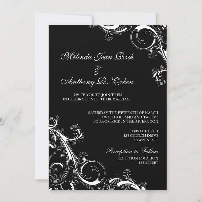 Invitación Filigree Swirl Negro con blanco 5x7 Boda (Anverso)