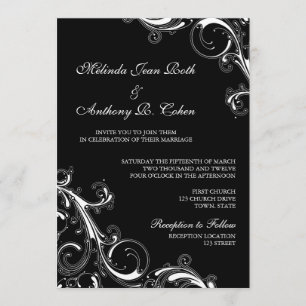 Invitación Filigree Swirl Negro con blanco 5x7 Boda