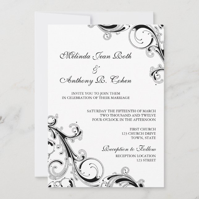 Invitación Filigree Swirl Negro con blanco 5x7 Boda (Anverso)