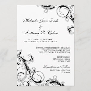 Invitación Filigree Swirl Negro con blanco 5x7 Boda