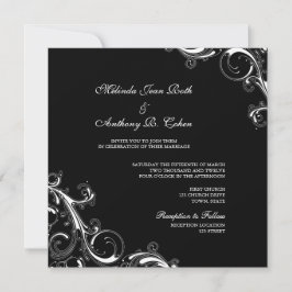 Invitación Filigree Swirl Negro con Boda de la Plaza Blanca