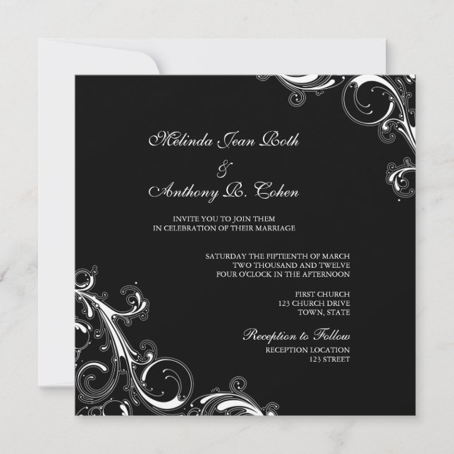 Invitación Filigree Swirl Negro con Boda de la Plaza Blanca (Anverso)