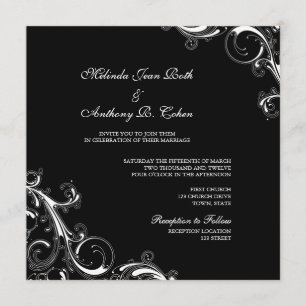 Invitación Filigree Swirl Negro con Boda de la Plaza Blanca