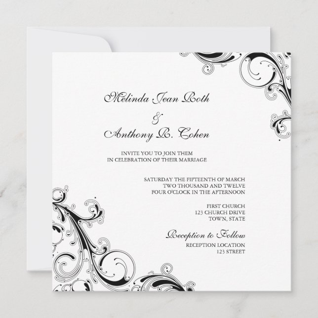 Invitación Filigree Swirl White con Boda Black Square (Anverso)