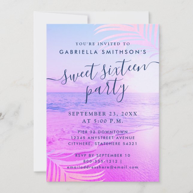 Invitación Filtro rosa de playa Tropical Verano 16 cumpleaños (Anverso)