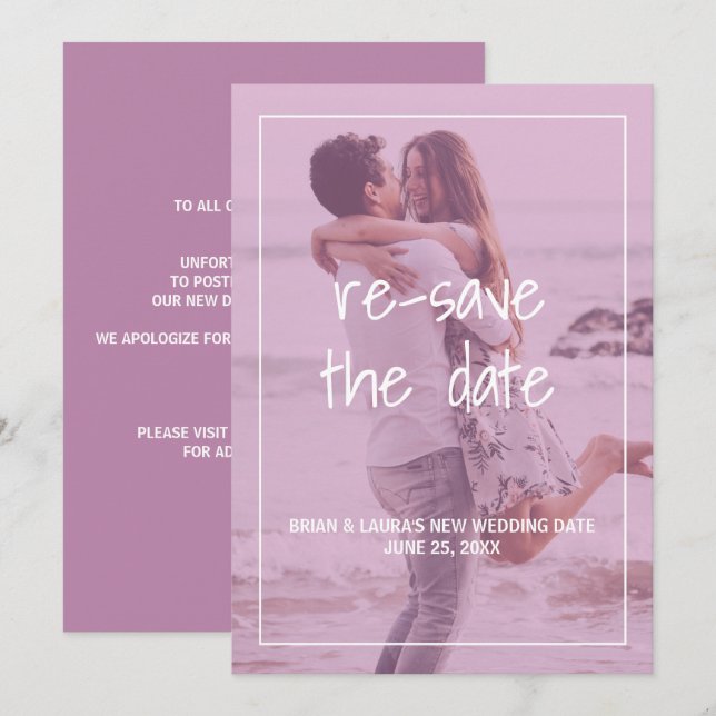 Invitación Filtro Rosa Foto Moderna Aplazamiento de Boda (Anverso / Reverso)