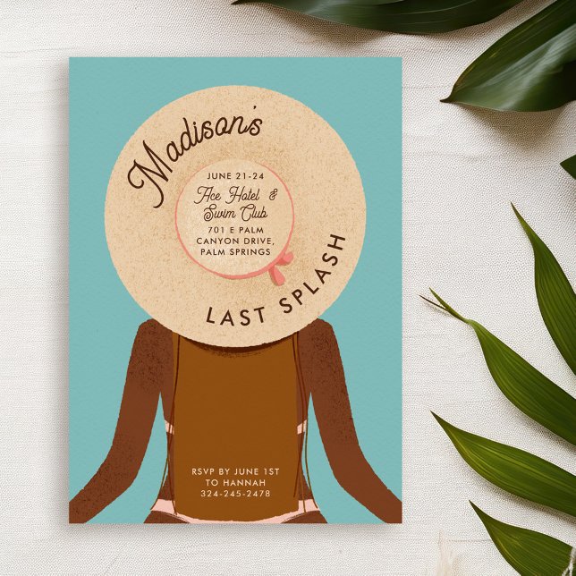 Invitación Fin de semana de Bachelorette, Chica de pelo marró (brown hair and black skin girl wearing a beach hat - bachelorette pool party invitation)