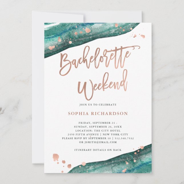 Invitación Fin de semana de Bachelorette de Geode Gold verde  (Anverso)