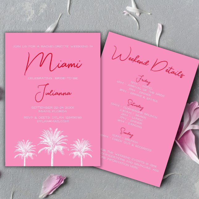 Invitación Fin de semana de Bachelorette de las Palmas Tropic (Miami Tropical Palms Bachelorette Weekend Invitation bold pink and red)