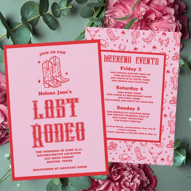 Invitación Fin de semana de Bachelorette en Rodeo Rojo (Red Pink Last Rodeo Bachelorette Weekend Invitation
)