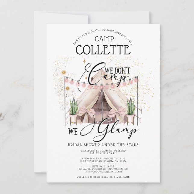 Invitación Fin de semana de Bachelorette Glamping Fiesta (Anverso)