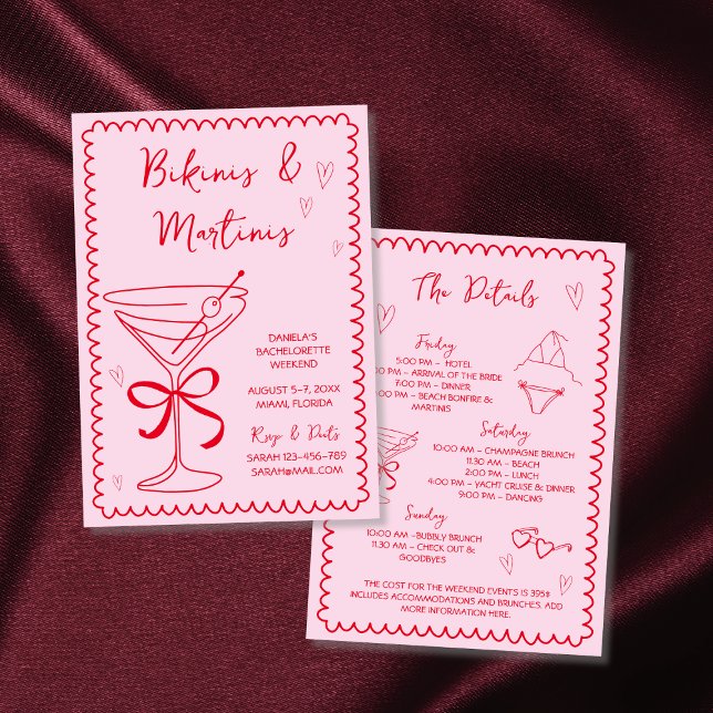 Invitación Fin de semana de bachillerato de bikinis y martini (Bikinis & Martinis Hand Drawn Bachelorette Weekend Invitation Pink And Red Illustared Scribble)