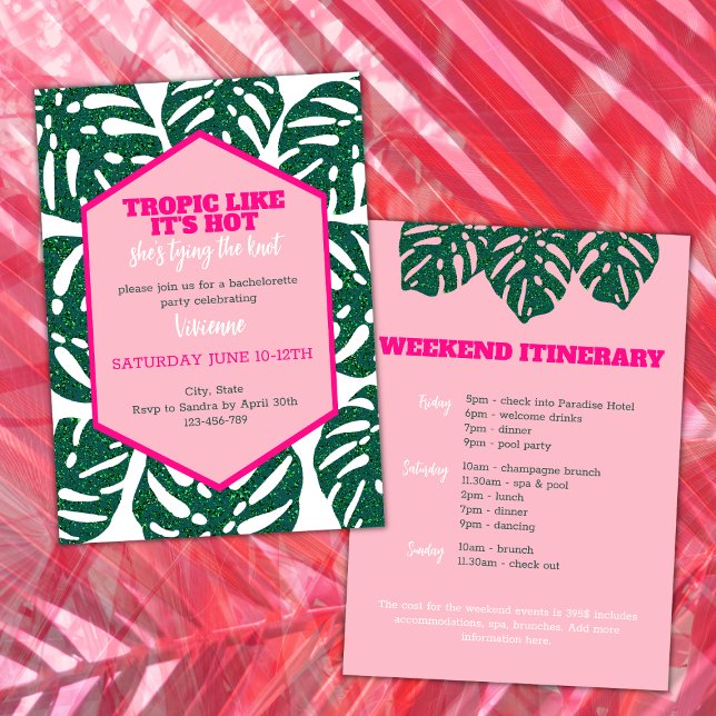 Invitación Fin de semana de bachillerato de destino rosa trop (tropical bachelorette weekend itinerary tropic like its' hot she's tying the knot pink glitter monst)