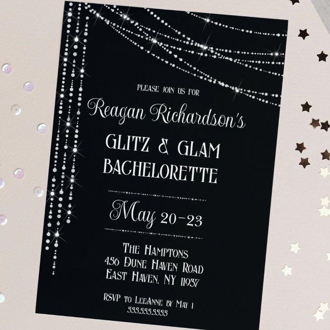 Invitación Fin de semana de bachillerato de diamantes de Glit (glitz and glam bachelorette disco theme sparkles glitter glamorous invitation girls weekend silver)
