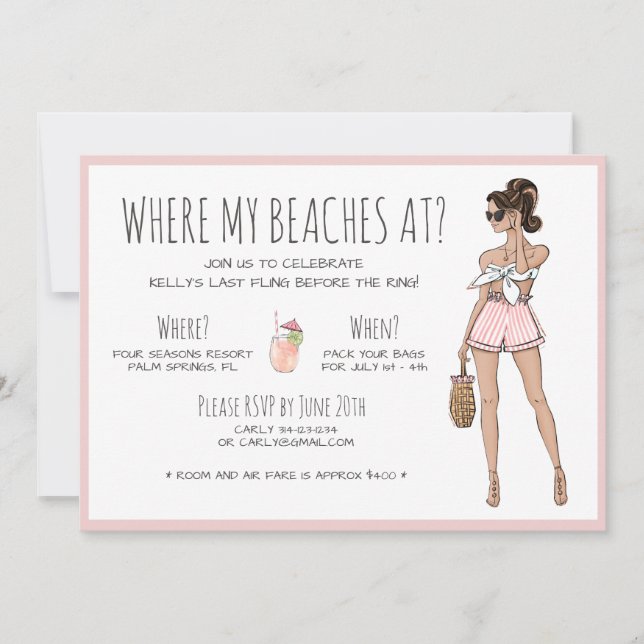 Invitación Fin de semana de Brunette Bride Bachelorette Beach (Anverso)