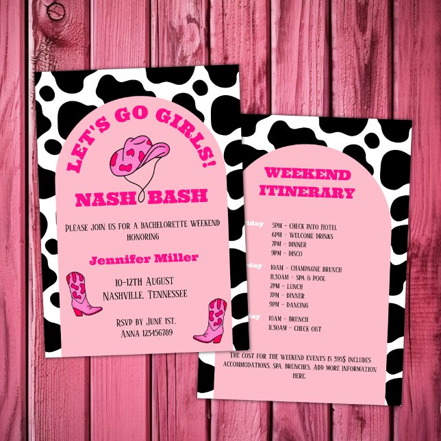 Invitación Fin de semana de Chicas de bachillerato rosado de  (nash bash nashville bachelorette girls weekend cowgirl pink cowgirl boots and hat arch cow pattern)