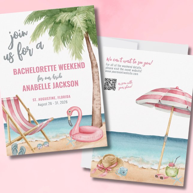 Invitación Fin de semana de chicas, fiesta de despedida de so (QR Destination Girls Weekend Beach Bachelorette Invitation)