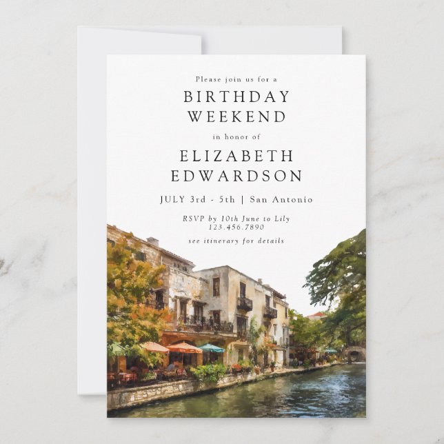 Invitación Fin de semana de cumpleaños con acuarela de San An (Anverso)