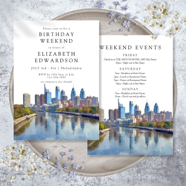 Invitación Fin de semana de cumpleaños de acuarela de Filadel (Philadelphia Watercolor Birthday Weekend Invitation)