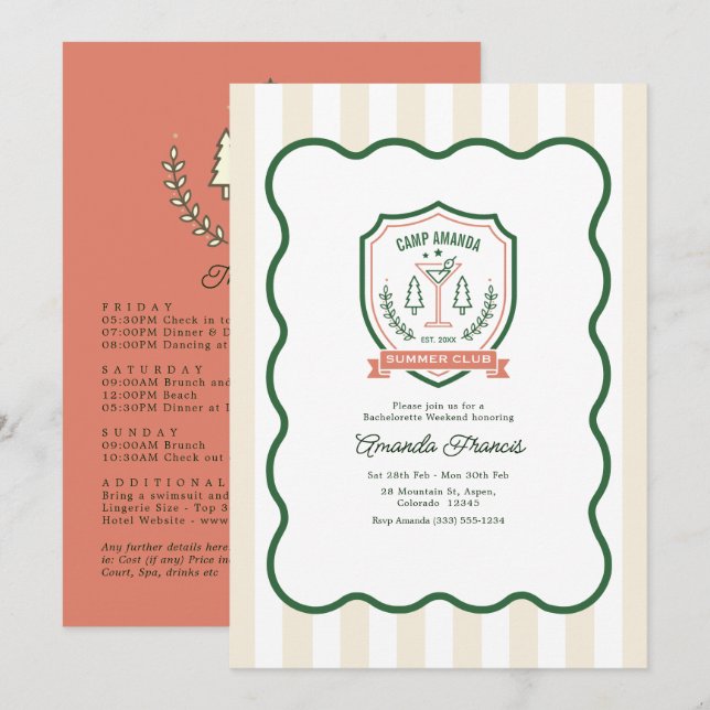 Invitación Fin de semana de despedida de soltera Camp Bride S (Anverso / Reverso)