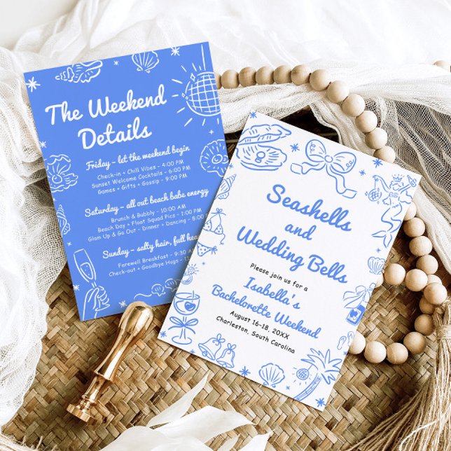 Invitación Fin de semana de despedida de soltera con conchas  (Seashells and Wedding Bells Blue Coastal Bachelorette Weekend Invitation)