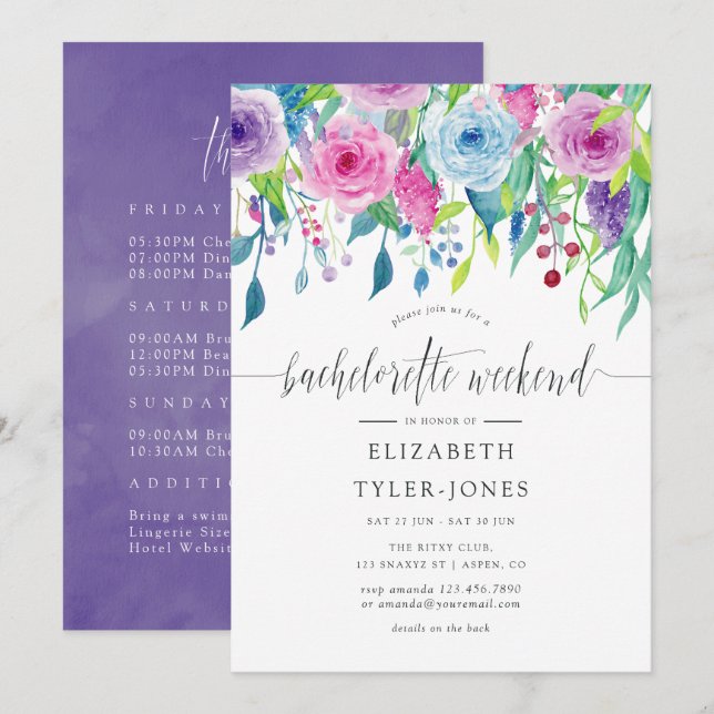 Invitación Fin de semana de despedida de soltera con flores t (Anverso / Reverso)