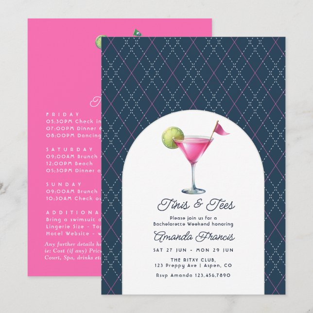 Invitación Fin de semana de despedida de soltera de golf rosa (Anverso / Reverso)
