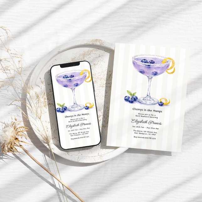 Invitación Fin de semana de despedida de soltera en Hamptons  (Blueberry Martini Hamptons Bachelorette Weekend Invitation)