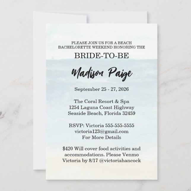 Invitación Fin de semana de despedida de soltera en Watercolo (Anverso)