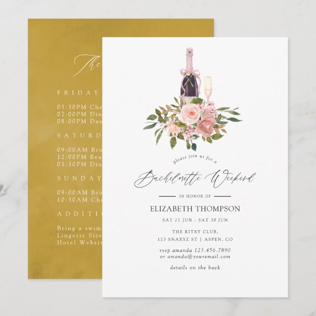 Invitación Fin de semana de despedida de soltera floral rosa  (Anverso / Reverso)