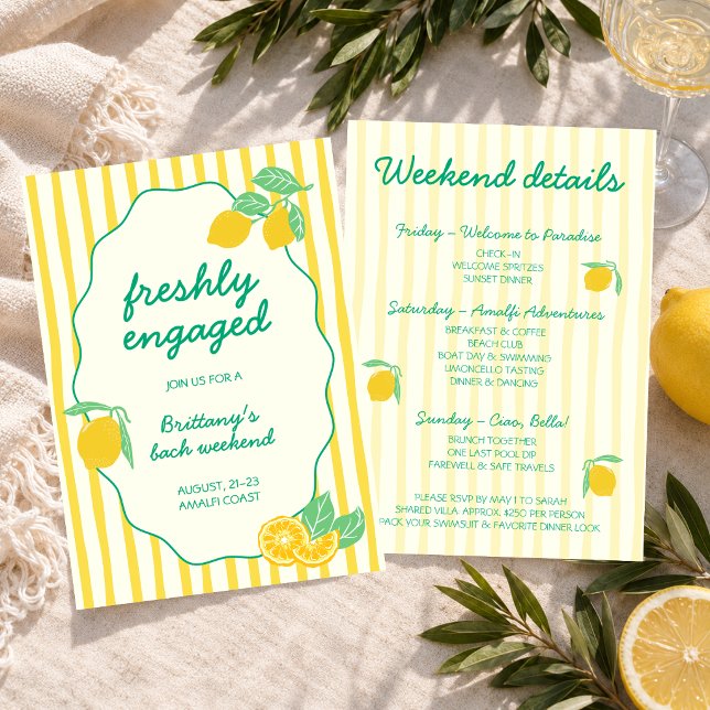 Invitación Fin de semana de despedida de soltera italiana con (Freshly Engaged Lemon Italian Bachelorette Weekend Invitation)