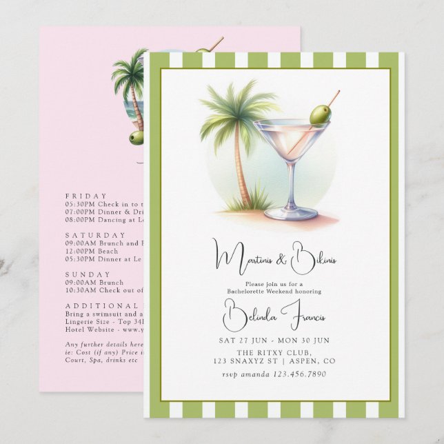 Invitación Fin de semana de despedida de soltera Martinis y b (Anverso / Reverso)