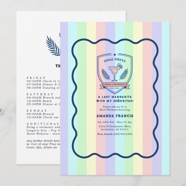 Invitación Fin de semana de despedida de soltera Preppy Paste (Anverso / Reverso)