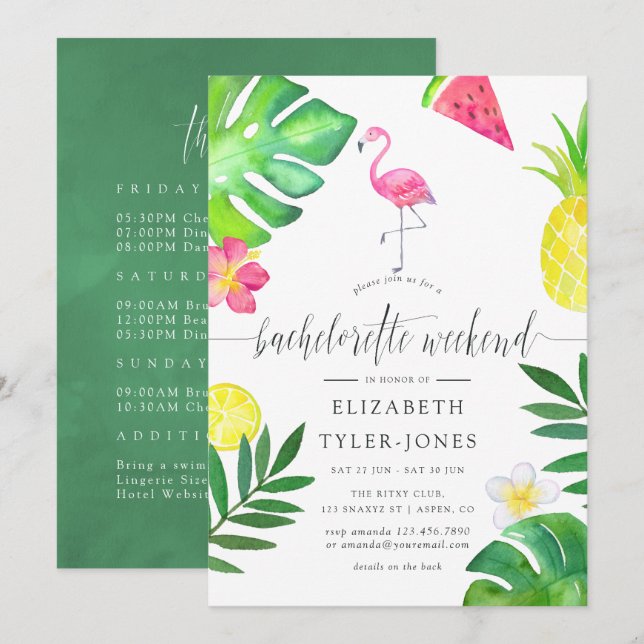 Invitación Fin de semana de despedida de soltera tropical exó (Anverso / Reverso)