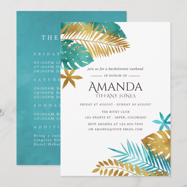 Invitación Fin de semana de despedida de soltera tropical tur (Anverso / Reverso)