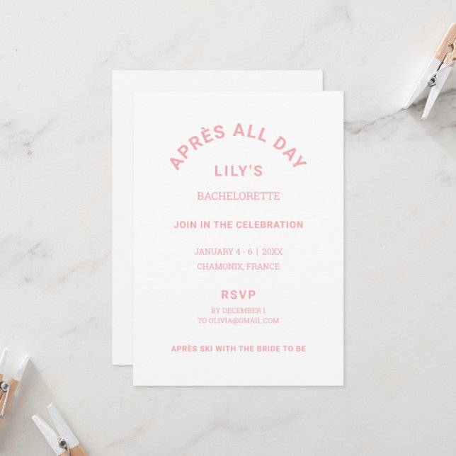 Invitación Fin de semana de esquiar Bachelorette Rosa Après A (Anverso/Reverso In Situ)