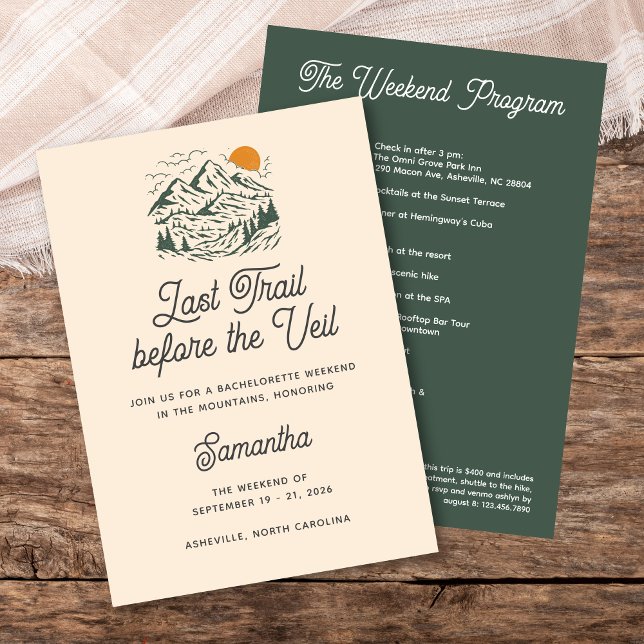 Invitación Fin de semana de fin de semana de Bachelorette Iti (Last Trail before the Veil - a retro inspired mountain Bachelorette party invitation!)