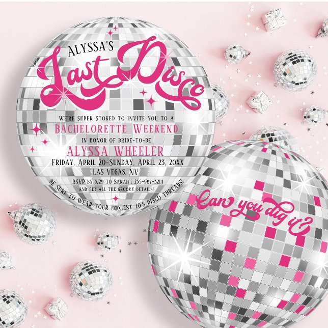Invitación Fin de semana de fin de semana de Bachelorette red (Last Disco retro groovy hot pink and silver round disco ball shape wedding bachelorette invite)