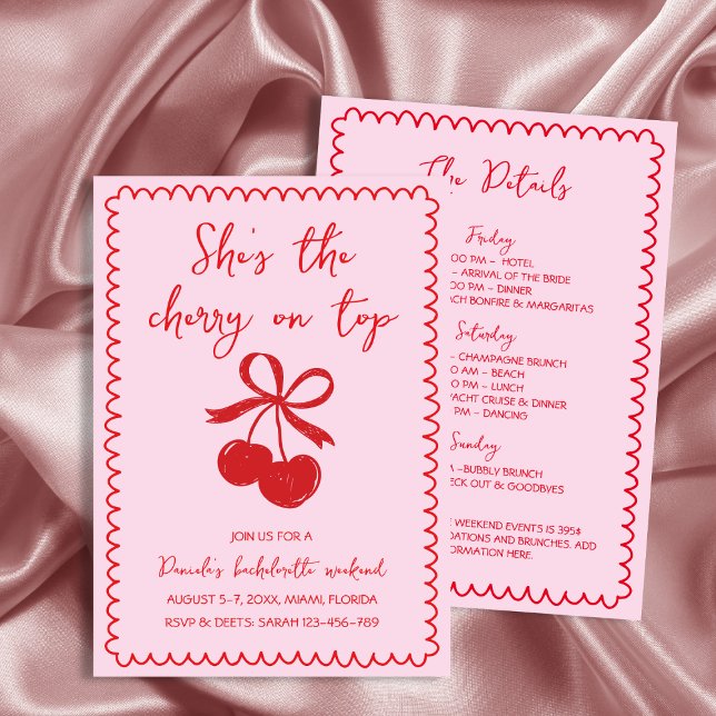 Invitación Fin de semana de la Bachelorette con la mano roja  (Cherry On Top Red Hand Drawn Bachelorette Weekend Invitation)