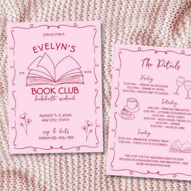 Invitación Fin de semana de la bachillerato del club de libro (Book Club Hand Drawn Bachelorette Weekend Invitation)