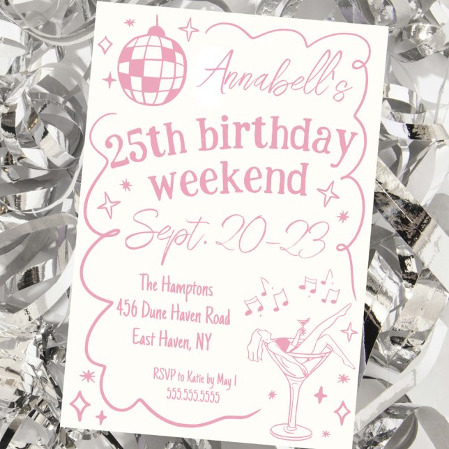 Invitación Fin de semana de la fiesta de cumpleaños de Hand D (hand drawn quirky disco party invitation birthday party pink fun girls weekend itinerary invite cute)