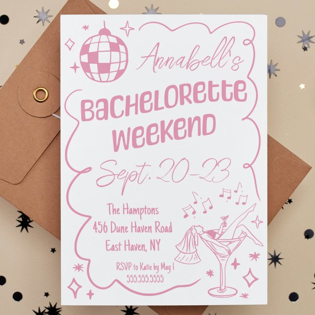 Invitación Fin de semana de la fiesta de la Bachelorette con  (pink bachelorette party weekend invitation hand drawn disco cocktail modern weekend itinerary cute)